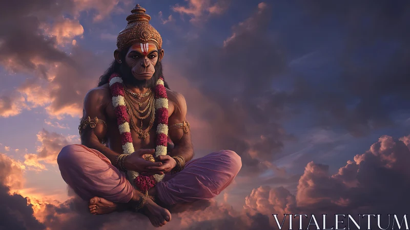 Hanuman-like divine figure levitates above dense sunset clouds