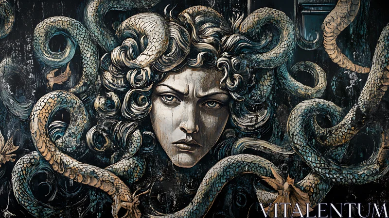 Medusa portrait with high-contrast chiaroscuro and coiled serpents