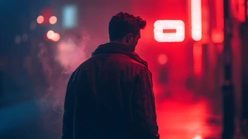 Lone figure walks neon alley under red blue cinematic haze.