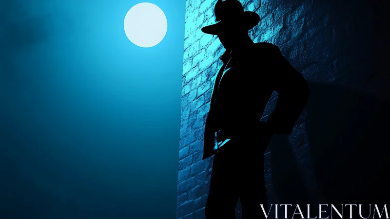 Silhouetted figure stands by brick wall under full moon