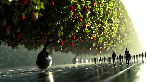 Parametric orchard canopy with reflective bulbous trunk supports.