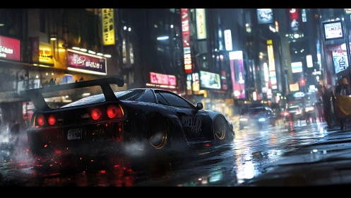 Tuned street racer powers through neon lit rainy city night