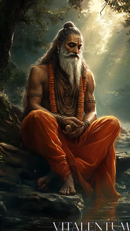 Meditating sage in forest chiaroscuro rendered as digital painting