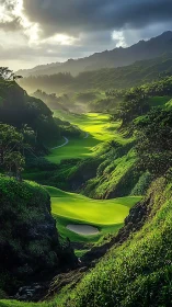 Emerald canyon fairway glowing under stormlit mountain skies.
