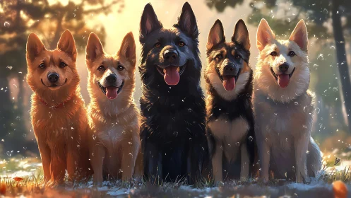 Digital painting of five shepherd dogs in backlit forest composition.