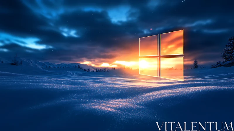 Photorealistic winter horizon with luminous glass window emblem.