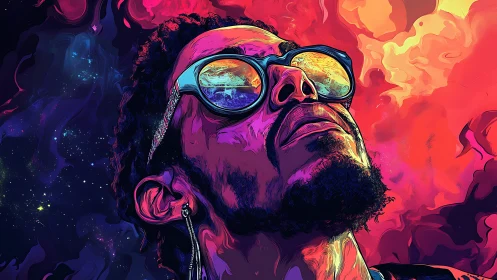 Neon-lit portrait isolates reflective eyewear in cosmic gradients