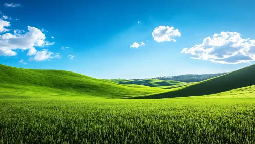Sunlit green hills roll beneath a wide, crystal blue sky