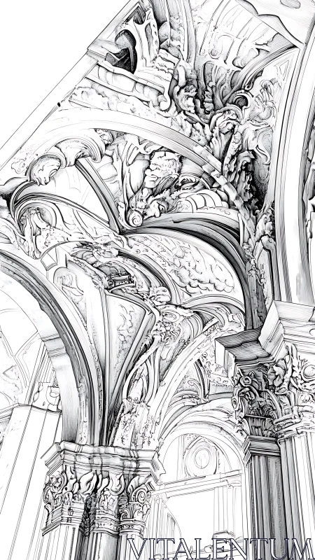 Ink-rendered baroque vault with ornate Corinthian structural detailing.