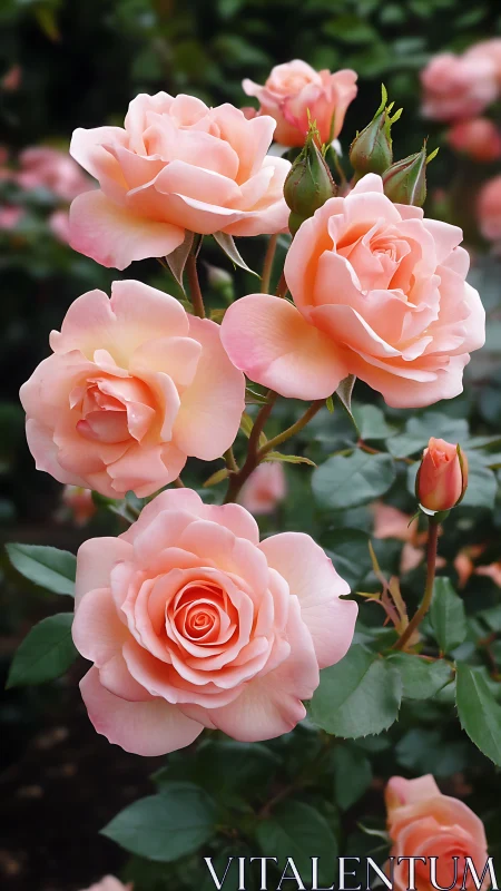 Pink Garden Roses in Bloom with Buds and Green Foliage.