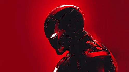 Digital painting profile of armored sci‑fi hero in red light.