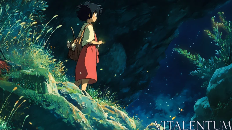 Child stands on mossy cliff edge watching glowing night scene