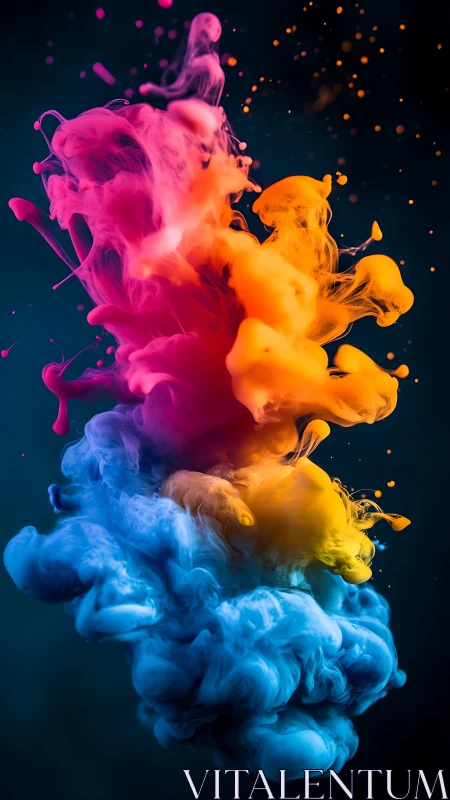Colorful ink plumes collide vertically in dark liquid space