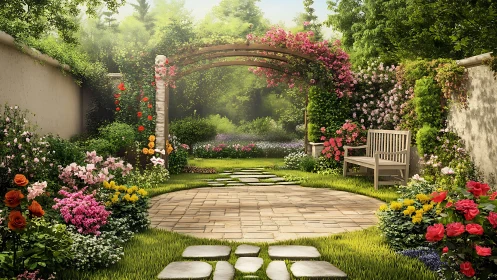 Sunlit garden hideaway with flowers, arch, and bench.