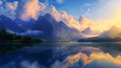 Sunlit mountain range mirrored on tranquil alpine lake.