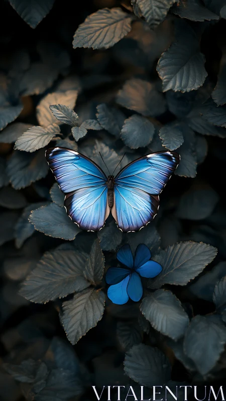 Blue butterfly on dark foliage with matching blue flower.
