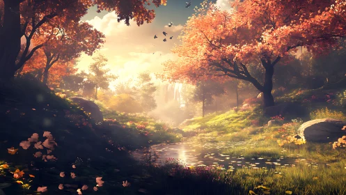 Sunlit autumn grove surrounds reflective woodland stream