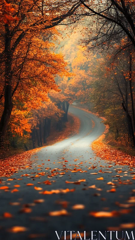 Curving forest road winds through misty golden autumn light