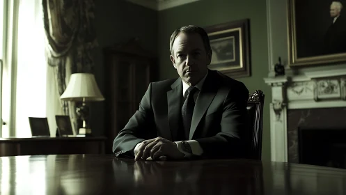 Serious businessman seated at polished office table.