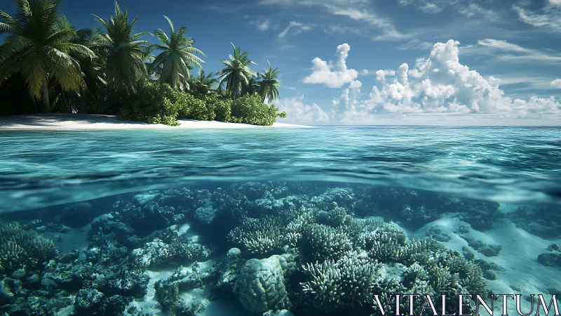 Tropical Island Paradise. Coral Reef Underwater Split View.