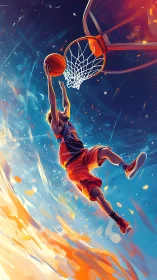 Dynamic basketball dunk rendered in high-energy digital painting