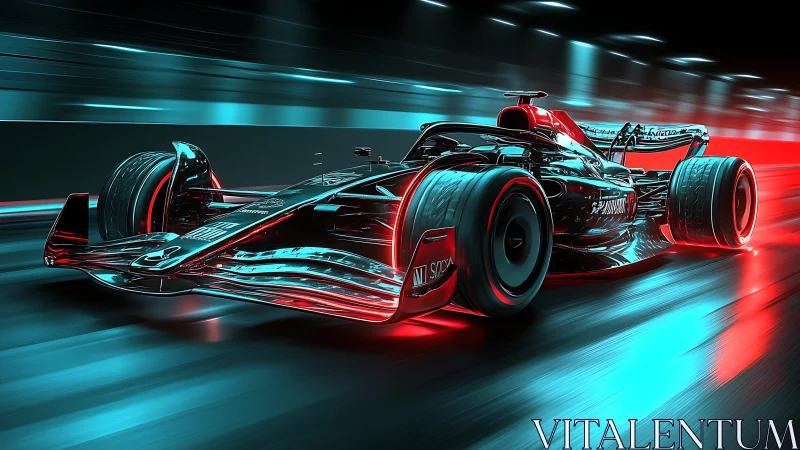 Neon-lit cyberpunk Formula race car in high-speed tunnel