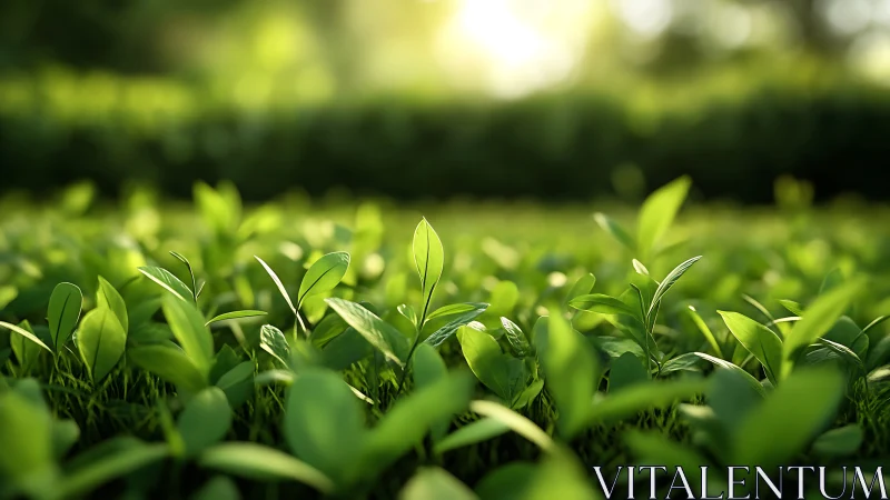 Young green leaves in soft sunlight on dense ground cover.