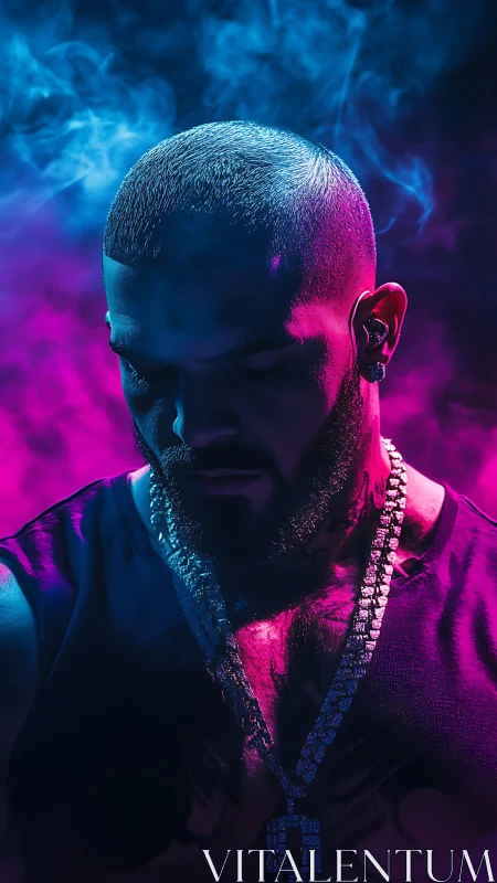 Neon-lit portrait of moody man in jewel-bright vapor haze.