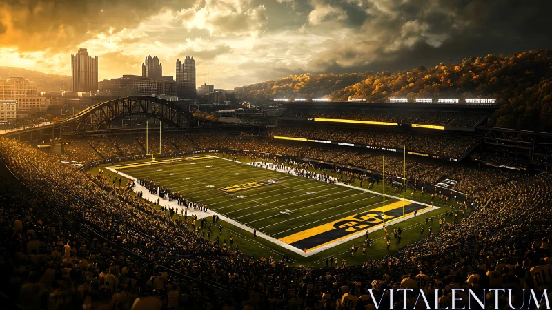 Large football stadium overlooks urban skyline at sunset