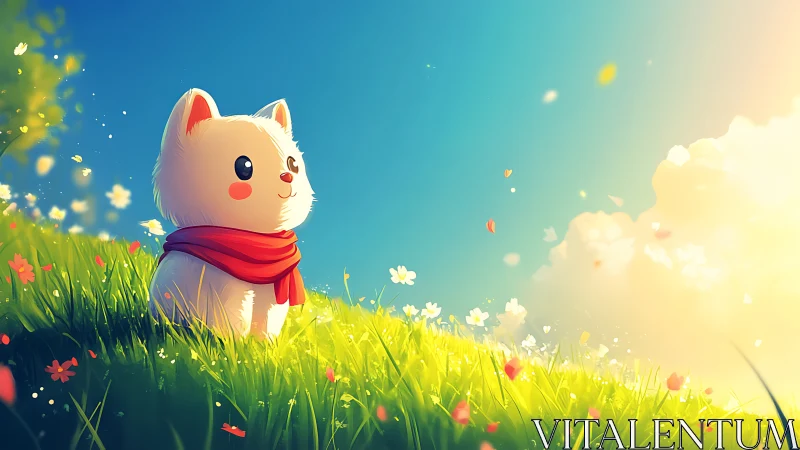 Luminous meadow scene with stylized cat and volumetric light.
