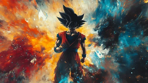 Anime warrior silhouette amid fiery and cosmic blast.