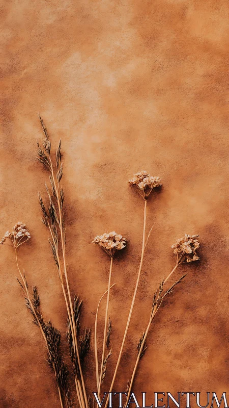 Dried Botanical Stems Against Warm Terracotta Background