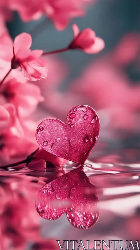 Heart-shaped droplet with water beads on pink floral background.