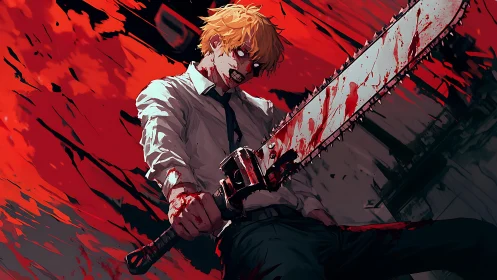 Blood-soaked anime fighter wields oversized chainsaw in dynamic perspective