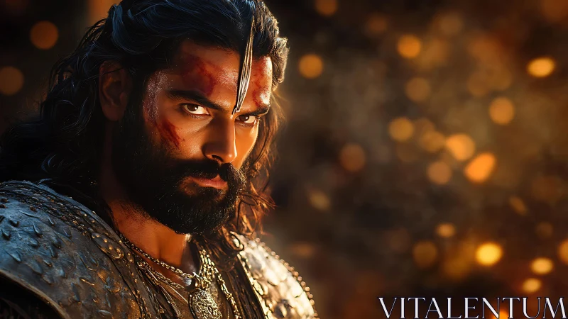 Battle-worn warrior in golden embers and quiet resolve.