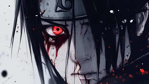 Haunting anime warrior with burning red, tear-streaked gaze.