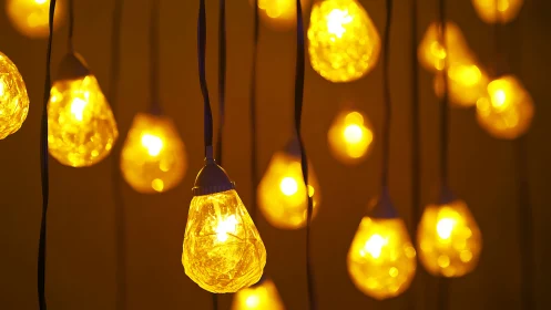 Golden pendant bulbs suspended in warm ambient glow.