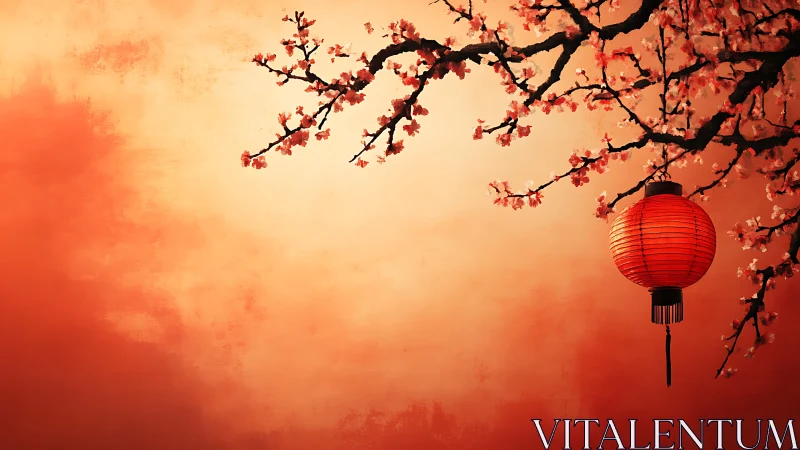 Red lantern with cherry blossoms against gradient sky.