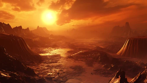 Blazing alien sunset pours golden light over rugged canyons