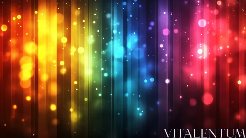 Vertical rainbow light streaks with glowing bokeh orbs.