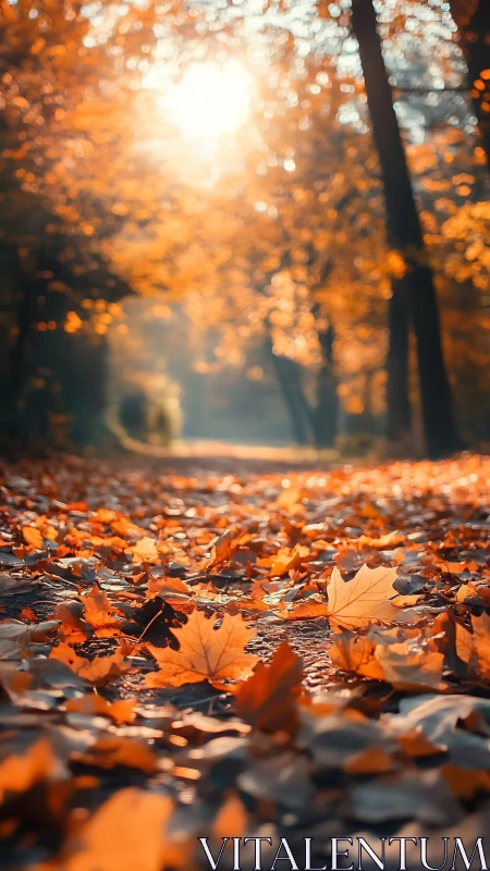 Sunlit leaf-littered path humming with quiet autumn glow.