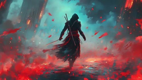 Hooded swordsman walks through red smoke in ruined city.