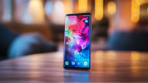 Smartphone with Vibrant Watercolor Wallpaper Displayed