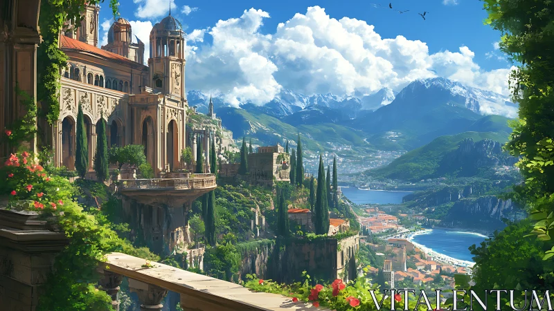 Terraced coastal city with elevated palace over bay and mountains