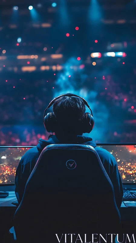 Esports gamer focuses on immersive arena stage glow.