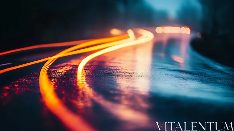 Neon light trails sweep across a slick night roadway.