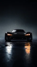 Low black supercar idles on wet asphalt in heavy rain