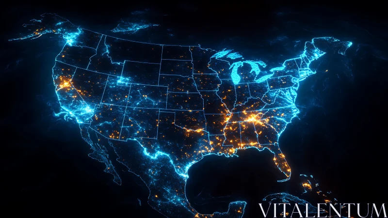 Glowing digital map shows illuminated US states and city clusters