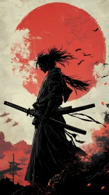 Silhouetted ronin profile before distressed crimson solar disk.