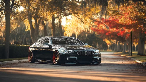 Lowered black sedan sits on custom wheels in autumn street